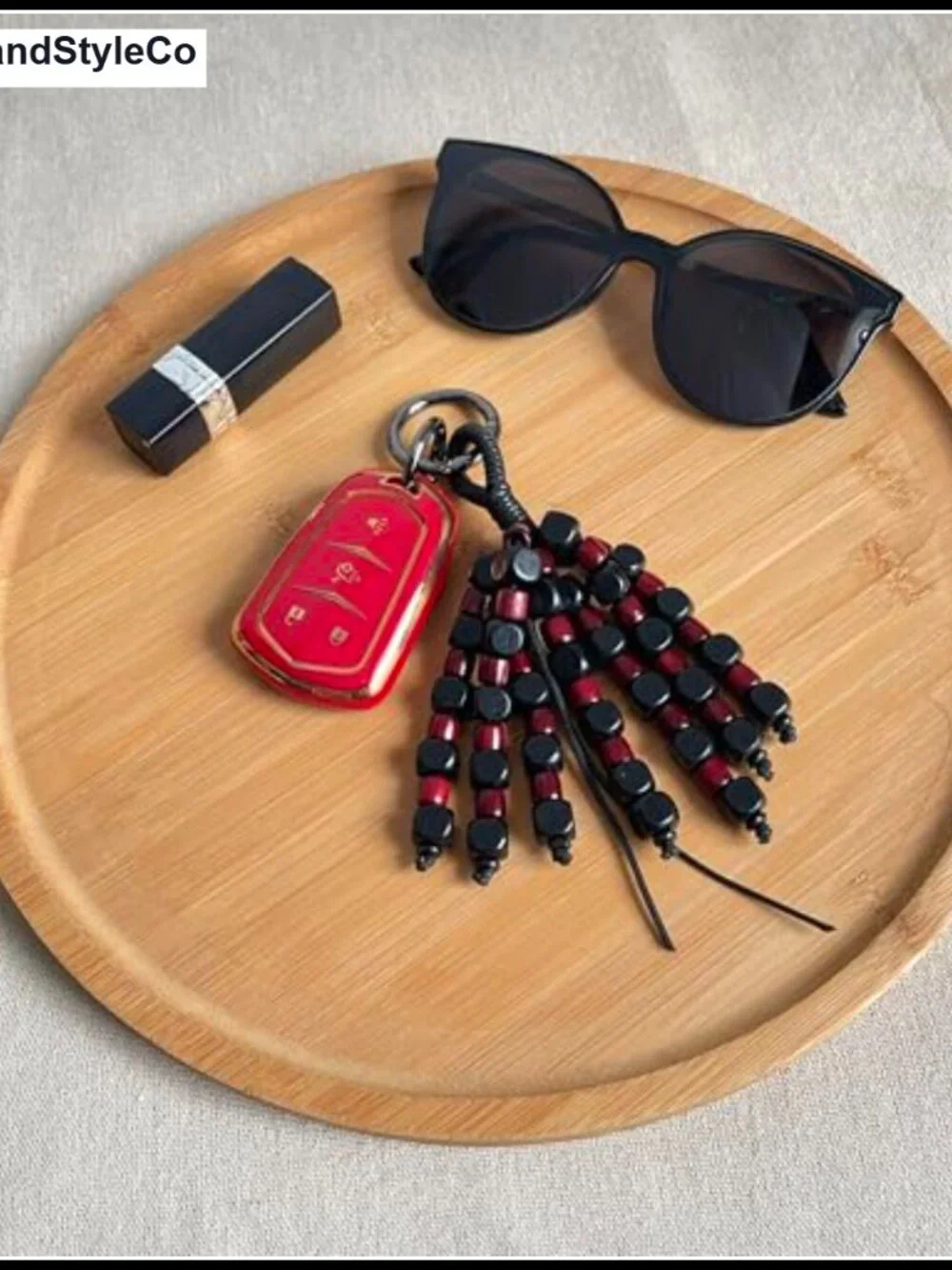 Handmade Natural Wood Beaded Bag Charm Keychain